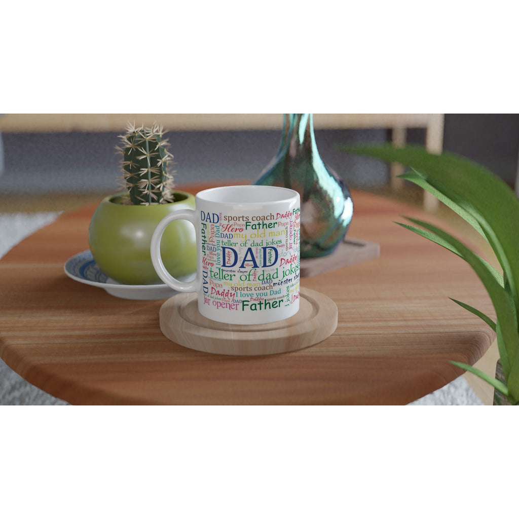 Gifts Actually - Dad / Father - White 11oz Ceramic Mug (Word Cloud) -  On a table