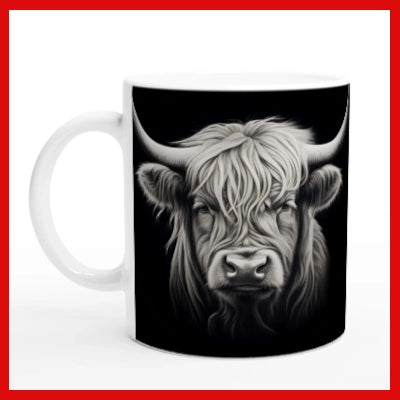 Highland Cow - Black Background - Ceramic Coffee Mug 11oz