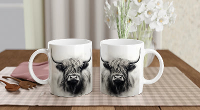 Gifts Actually - Highland Cow - Greyscale - Single - Ceramic Coffee Mug 11oz