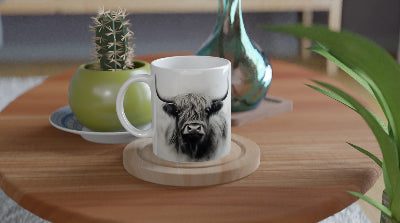 Gifts Actually - Highland Cow - Greyscale - Single - Ceramic Coffee Mug 11oz