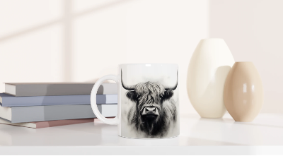 Gifts Actually - Highland Cow - Greyscale - Single - Ceramic Coffee Mug 11oz