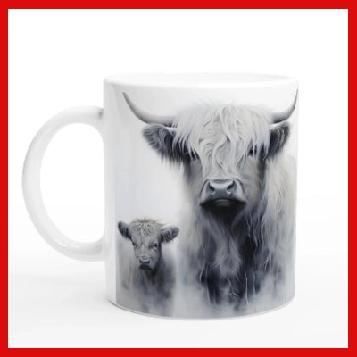 Gifts Actually - Highland Cow - Greyscale - Mum & Baby - Ceramic Coffee Mug 11oz