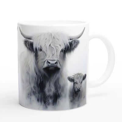 Gifts Actually - Highland Cow - Greyscale - Mum & Baby - Ceramic Coffee Mug 11oz