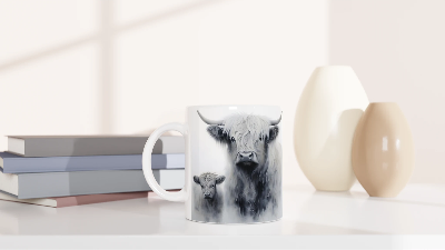 Gifts Actually - Highland Cow - Greyscale - Mum & Baby - Ceramic Coffee Mug 11oz
