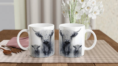 Gifts Actually - Highland Cow - Greyscale - Mum & Baby - Ceramic Coffee Mug 11oz