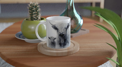 Gifts Actually - Highland Cow - Greyscale - Mum & Baby - Ceramic Coffee Mug 11oz