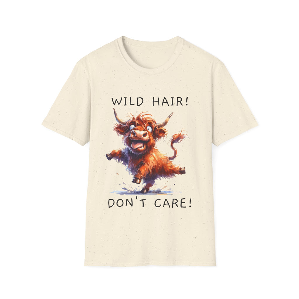 Unisex Soft Style T-Shirt - Highland Cow - Wild Hair, Don't Care