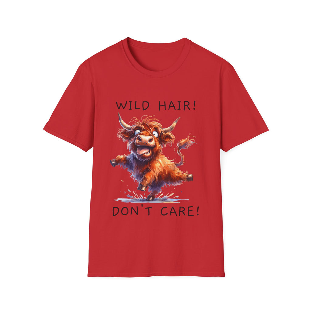 Unisex Soft Style T-Shirt - Highland Cow - Wild Hair, Don't Care