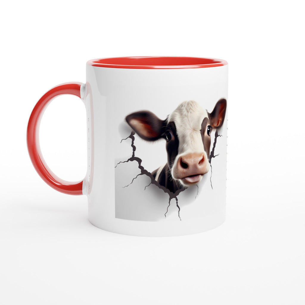 Gifts Actually -3D  Cow Design - White 11oz Ceramic Accent Coloured Mug - Red