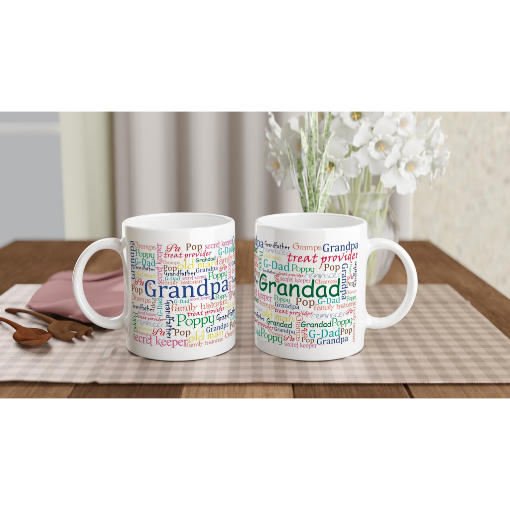 Gifts Actually - Grandad / Poppy- White 11oz Ceramic Mug (Word Cloud) -  showing both sides of the cup on a tray