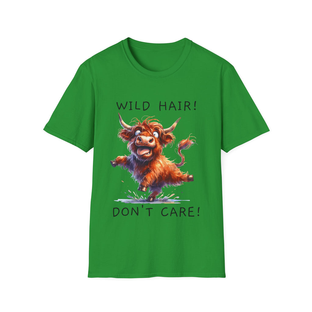 Unisex Soft Style T-Shirt - Highland Cow - Wild Hair, Don't Care