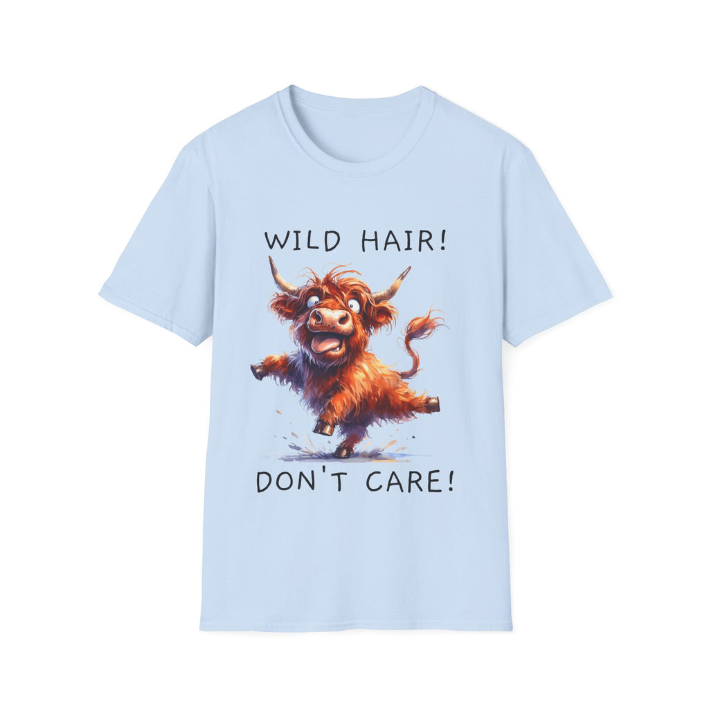 Unisex Soft Style T-Shirt - Highland Cow - Wild Hair, Don't Care