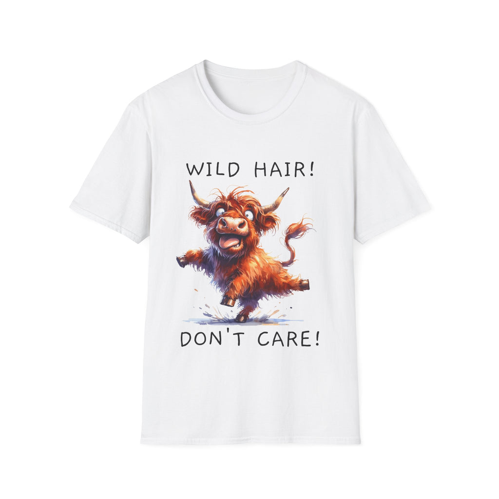 Unisex Soft Style T-Shirt - Highland Cow - Wild Hair, Don't Care