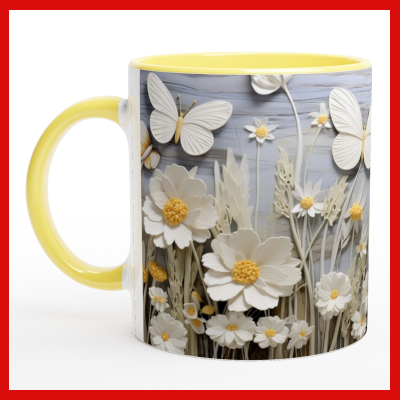 Gifts Actually - Daisies & Butterflies White 11oz Ceramic Accent Coloured Mug - Yellow (right side)