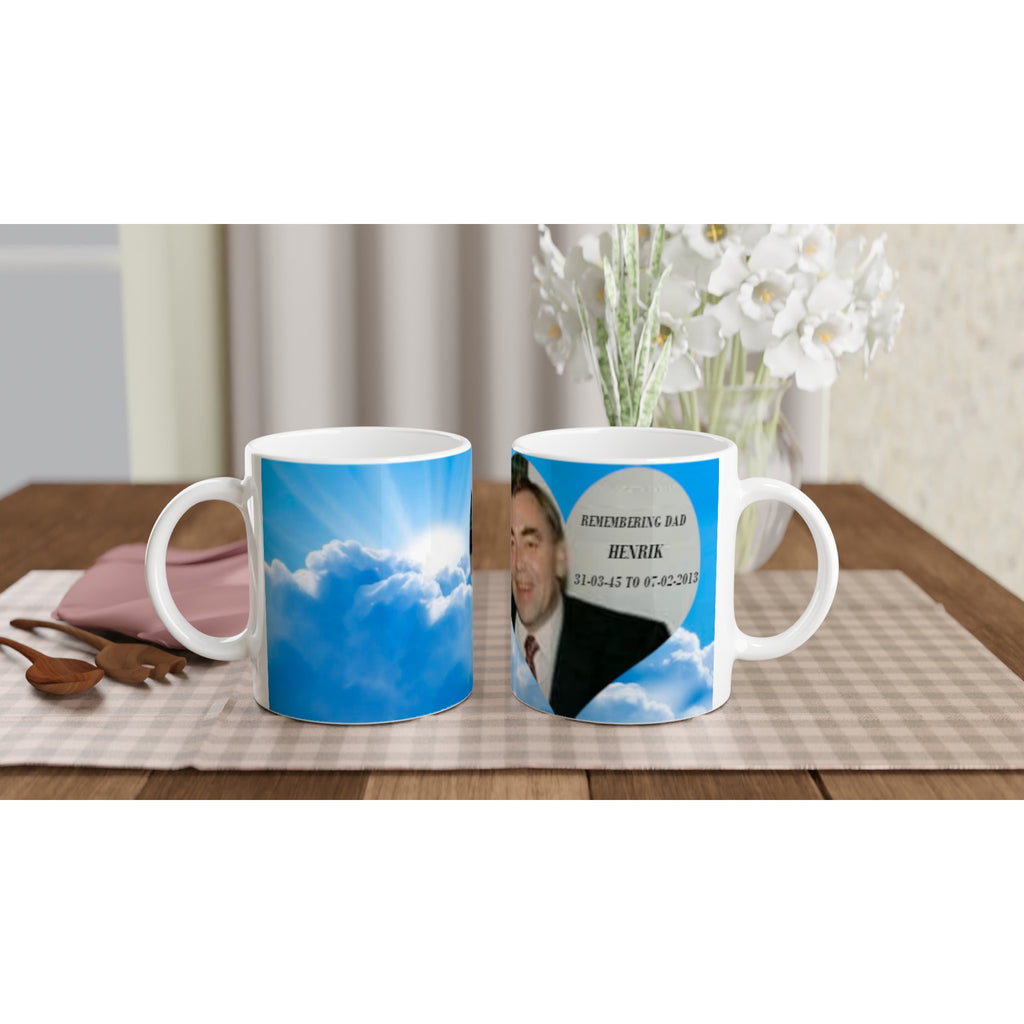 Gifts Actually - Memorial - Ceramic Mug  White 11oz (Clouds) -  Showing both sides of the cup displayed on a tray