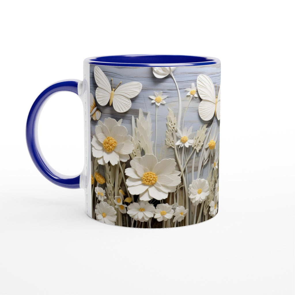 Gifts Actually - Daisies & Butterflies White 11oz Ceramic Accent Coloured Mug - Blue