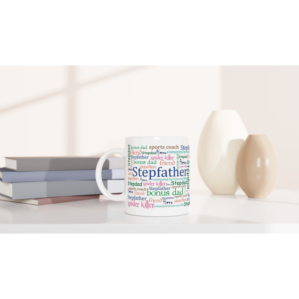 Gifts Actually - Step-Dad / Step-Father - White 11oz Ceramic Mug (Word Cloud) -  Shown on a shelf