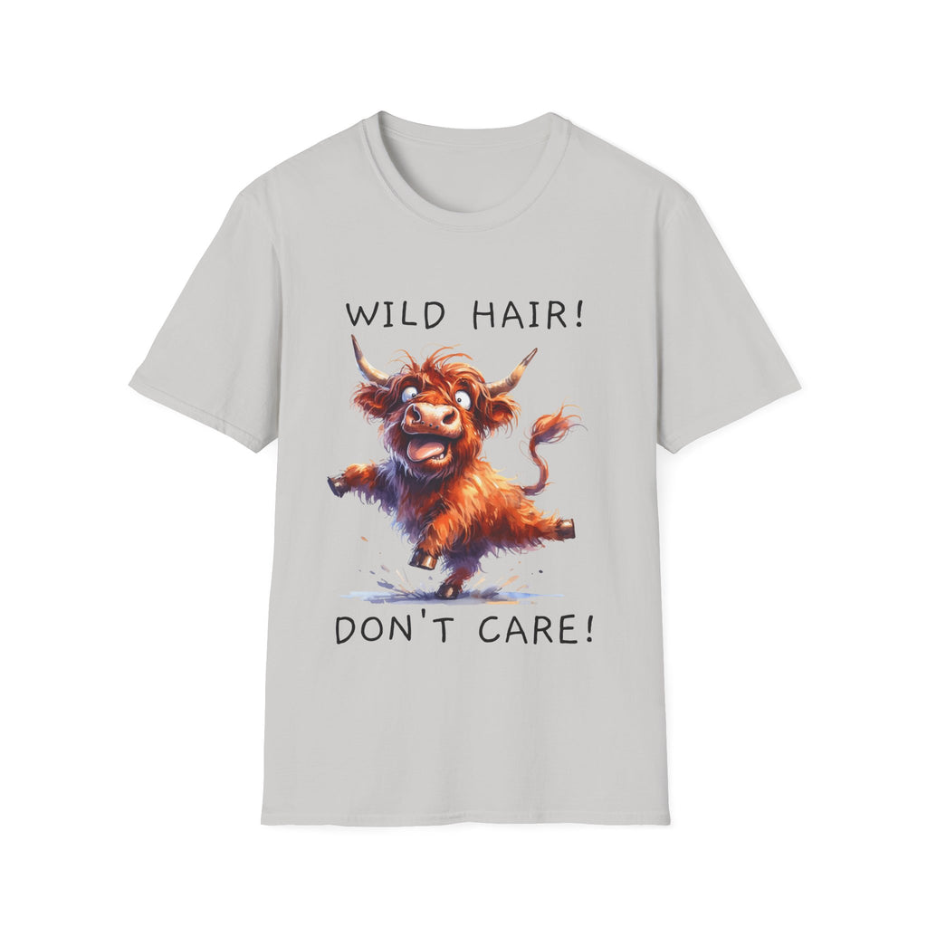 Unisex Soft Style T-Shirt - Highland Cow - Wild Hair, Don't Care