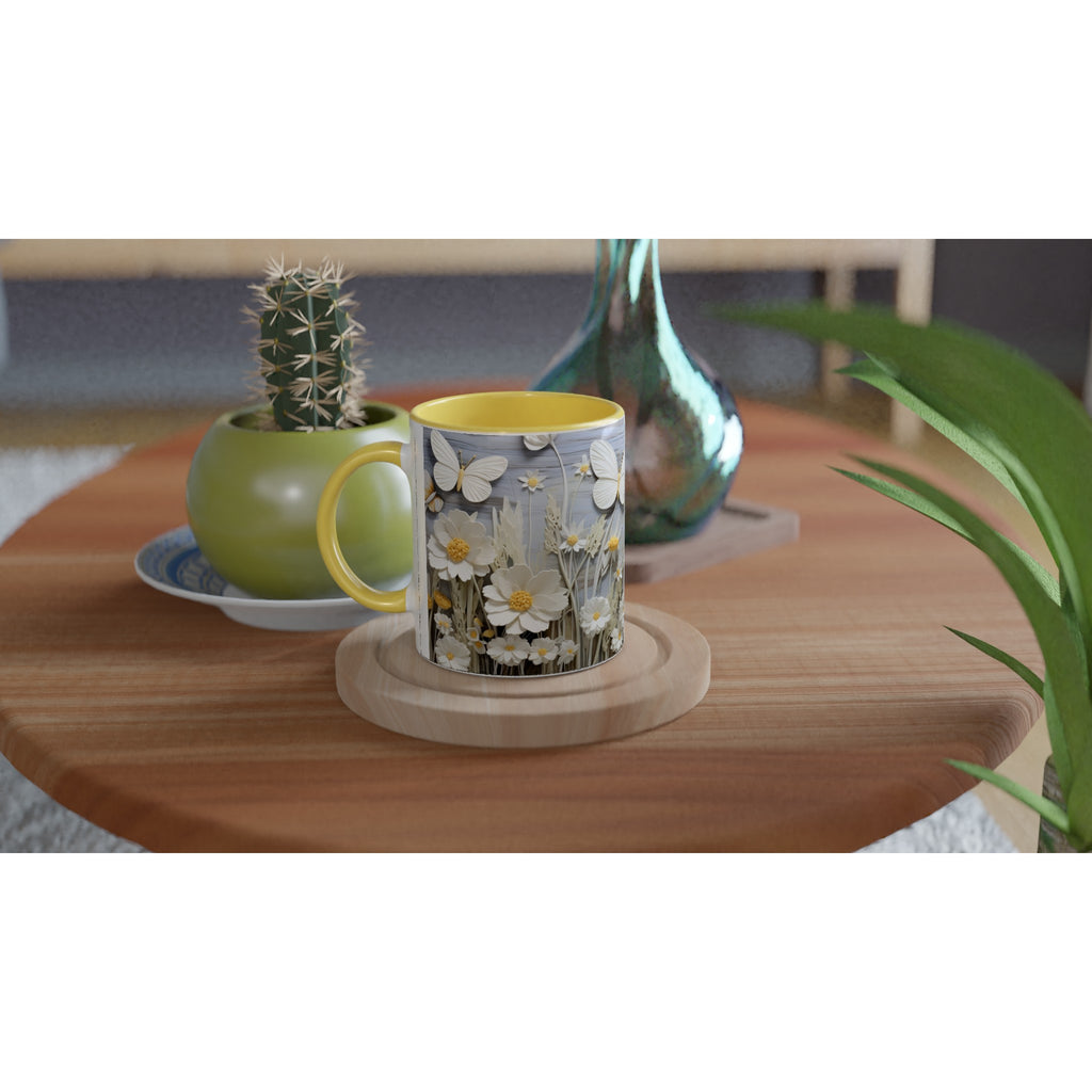 Gifts Actually - Daisies & Butterflies White 11oz Ceramic Accent Coloured Mug - Yellow  on Table