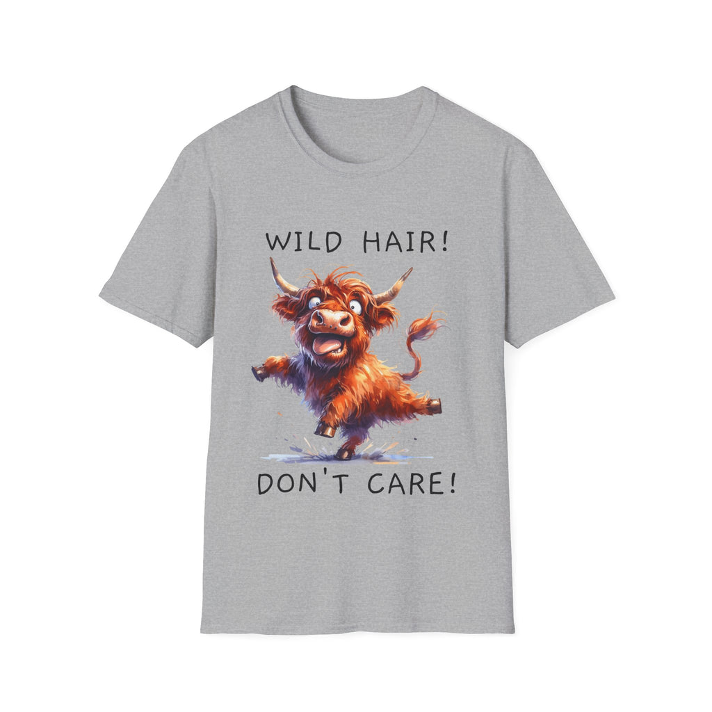 Unisex Soft Style T-Shirt - Highland Cow - Wild Hair, Don't Care