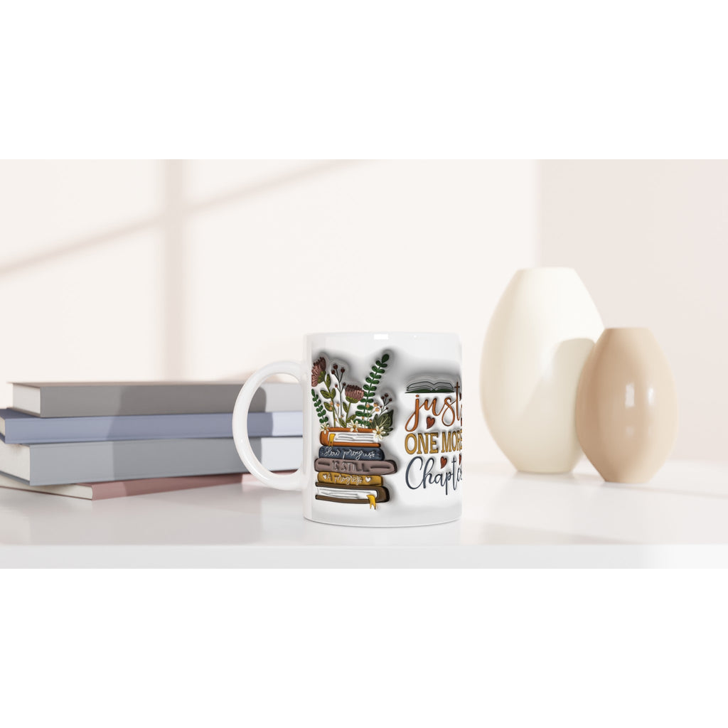 Gifts Actually - 3D Book/Reading design  - White 11oz Ceramic Mug - Shown on a shelf