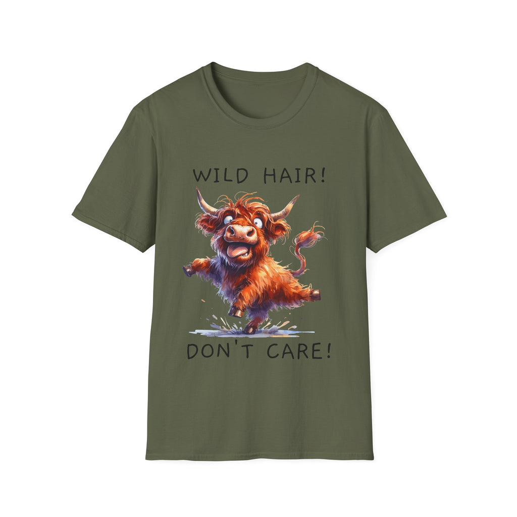 Unisex Soft Style T-Shirt - Highland Cow - Wild Hair, Don't Care