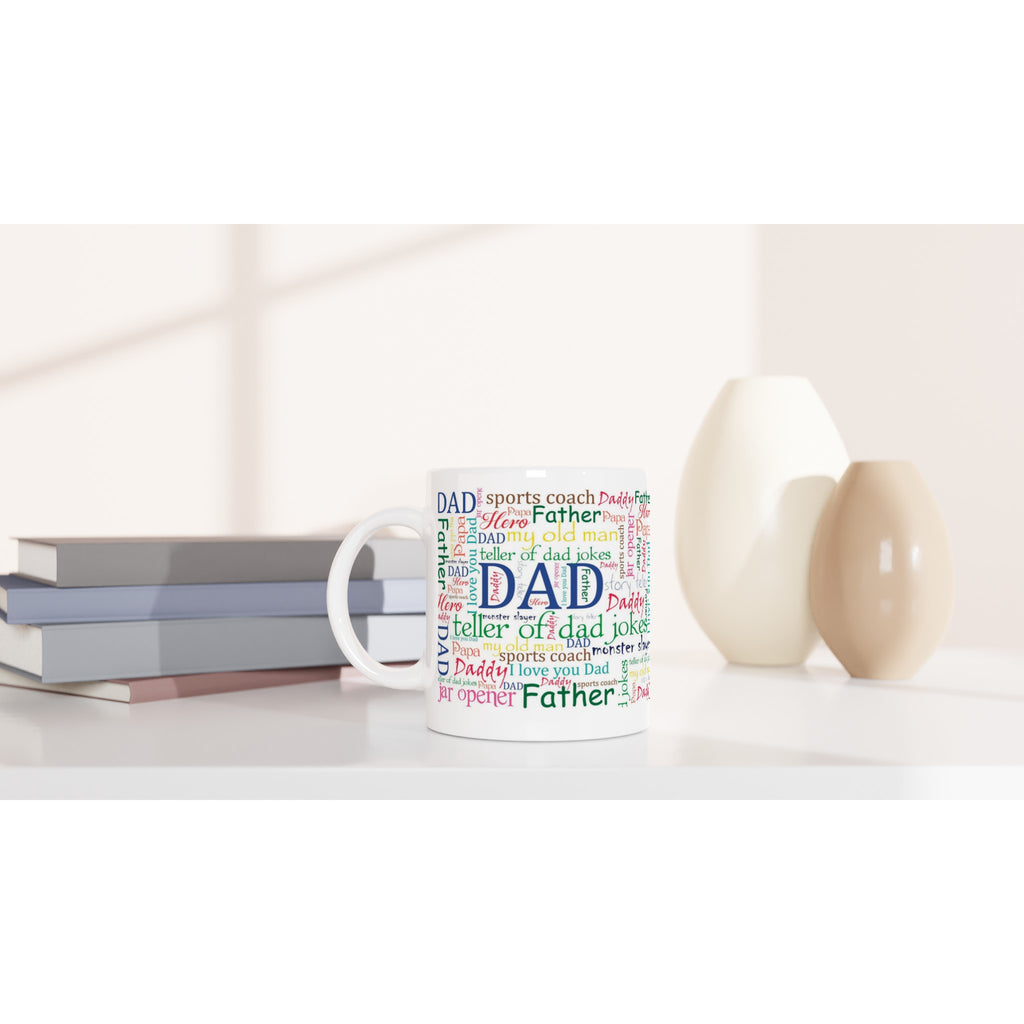 Gifts Actually - Dad / Father - White 11oz Ceramic Mug (Word Cloud) - On a shelf