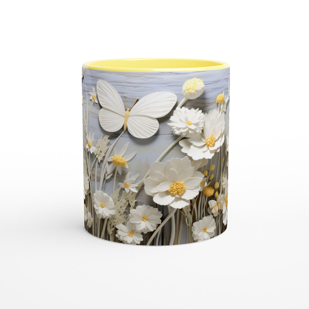 Gifts Actually - Daisies & Butterflies White 11oz Ceramic Accent Coloured Mug - Yellow (Front)