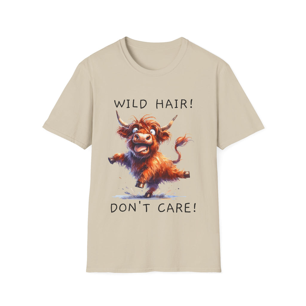Unisex Soft Style T-Shirt - Highland Cow - Wild Hair, Don't Care