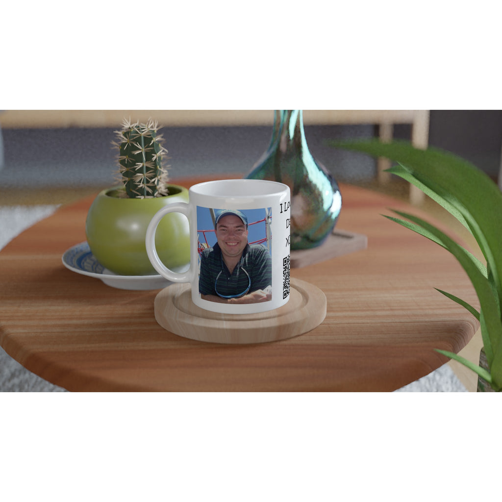 Gifts Actually - Personalised QR Message Mug - 11oz White Ceramic - on a table