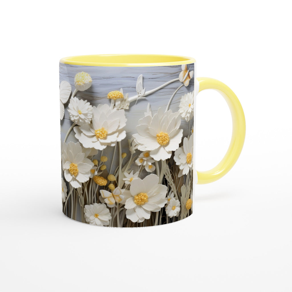 Gifts Actually - Daisies & Butterflies White 11oz Ceramic Accent Coloured Mug - Yellow (Left side)