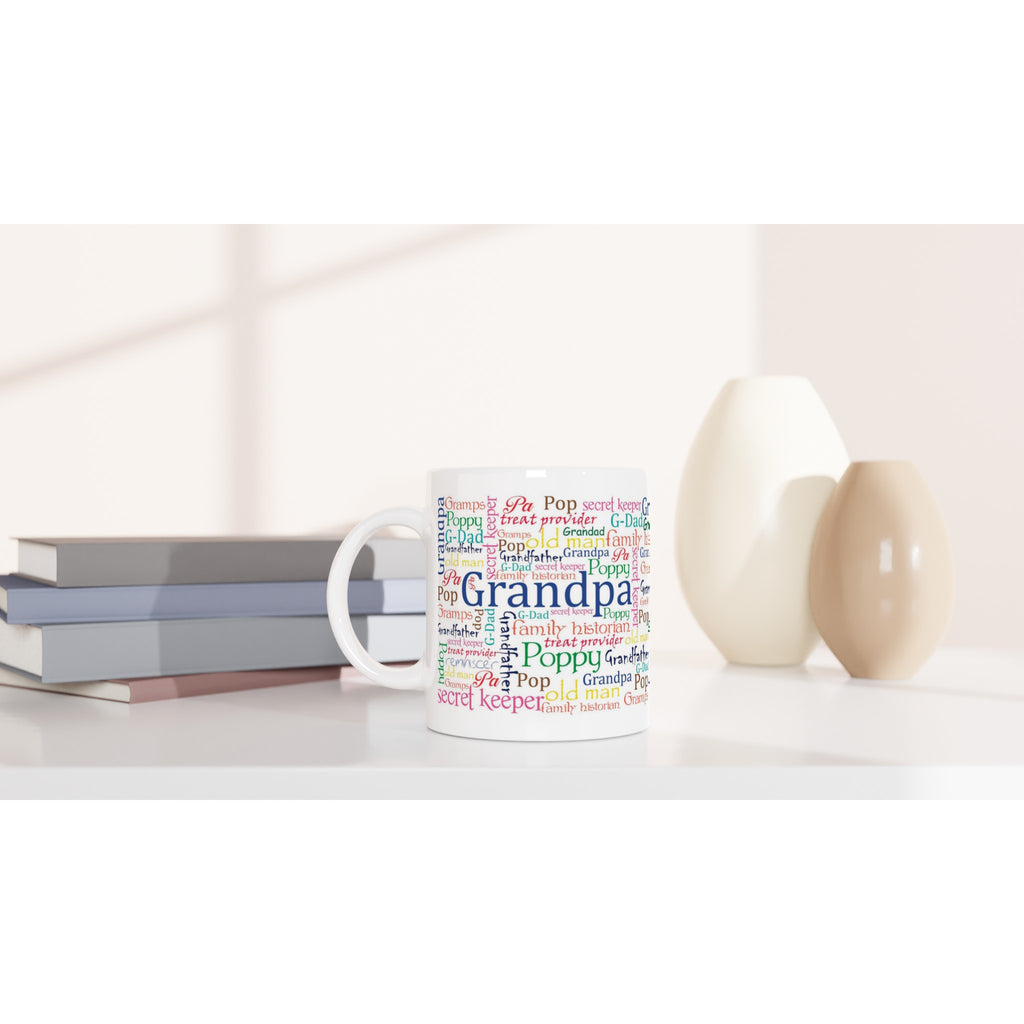 Gifts Actually - Grandad / Poppy- White 11oz Ceramic Mug (Word Cloud) - On a shelf