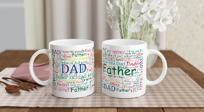 Gifts Actually - Dad / Father - White 11oz Ceramic Mug (Word Cloud) -  Both sides on a tray