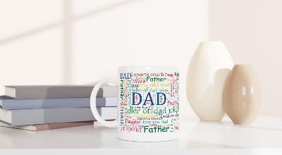 Gifts Actually - Dad / Father - White 11oz Ceramic Mug (Word Cloud) - On a shelf