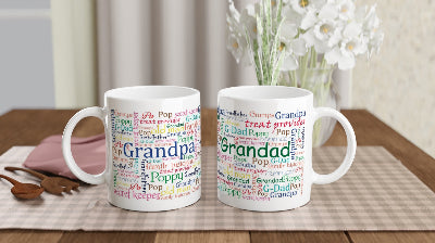 Gifts Actually - Grandad / Poppy- White 11oz Ceramic Mug (Word Cloud) -  showing both sides of the cup on a tray