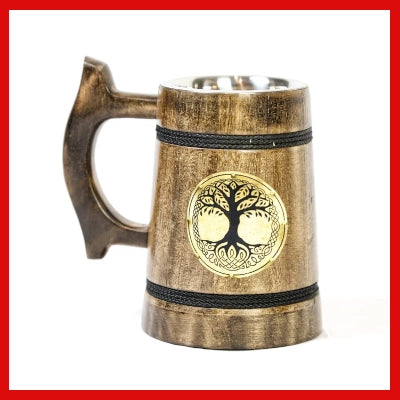 Gifts Actually - Handcrafted Medieval Beer Mug with Tree of Life – Recycled Wood