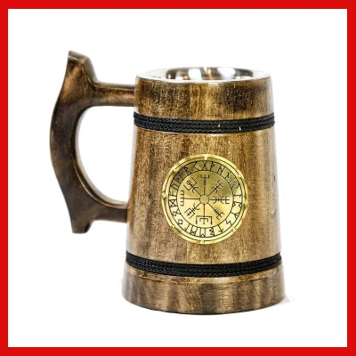 Gifts Actually - Handcrafted Viking Beer Mug with Vegvisir Viking Compass – Recycled Wood