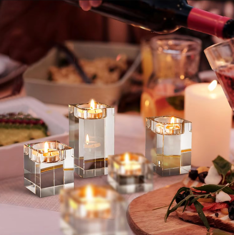 Gifts Actually - Tea-Light Candle Holder - 3 Pcs Square Glass - On a table