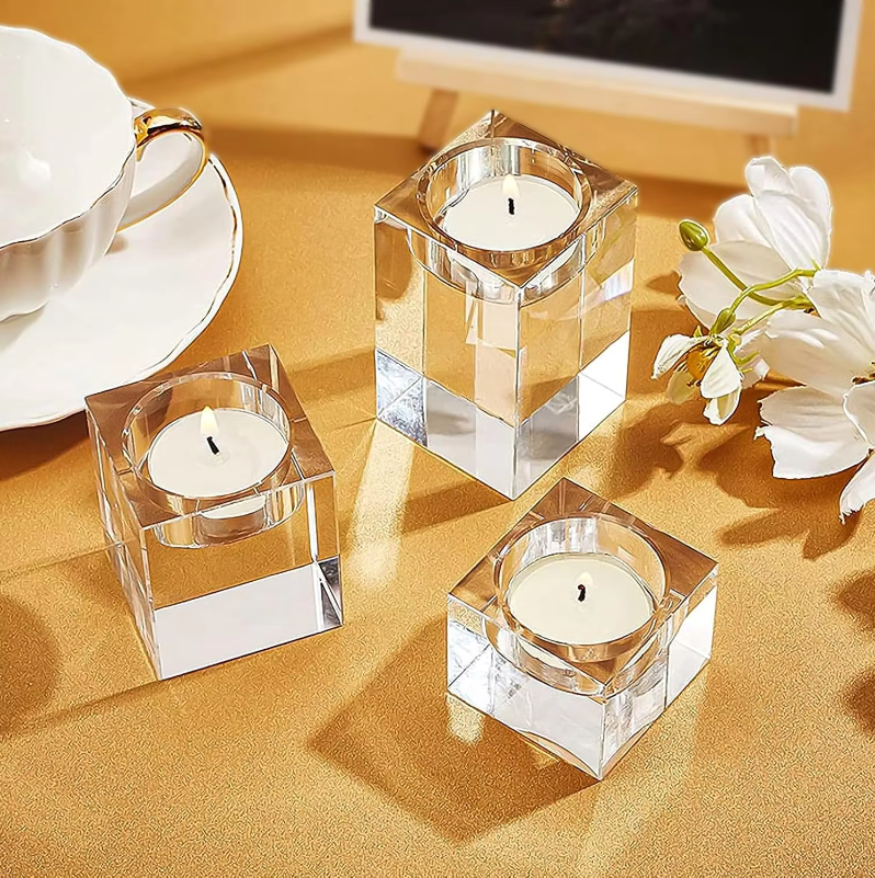 Gifts Actually - Tea-Light Candle Holder - 3 Pcs Square Glass - On a table