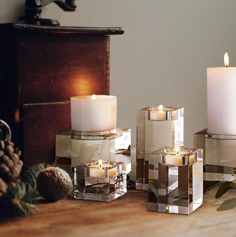 Gifts Actually - Tea-Light Candle Holder - 3 Pcs Square Glass - Christmas Scane