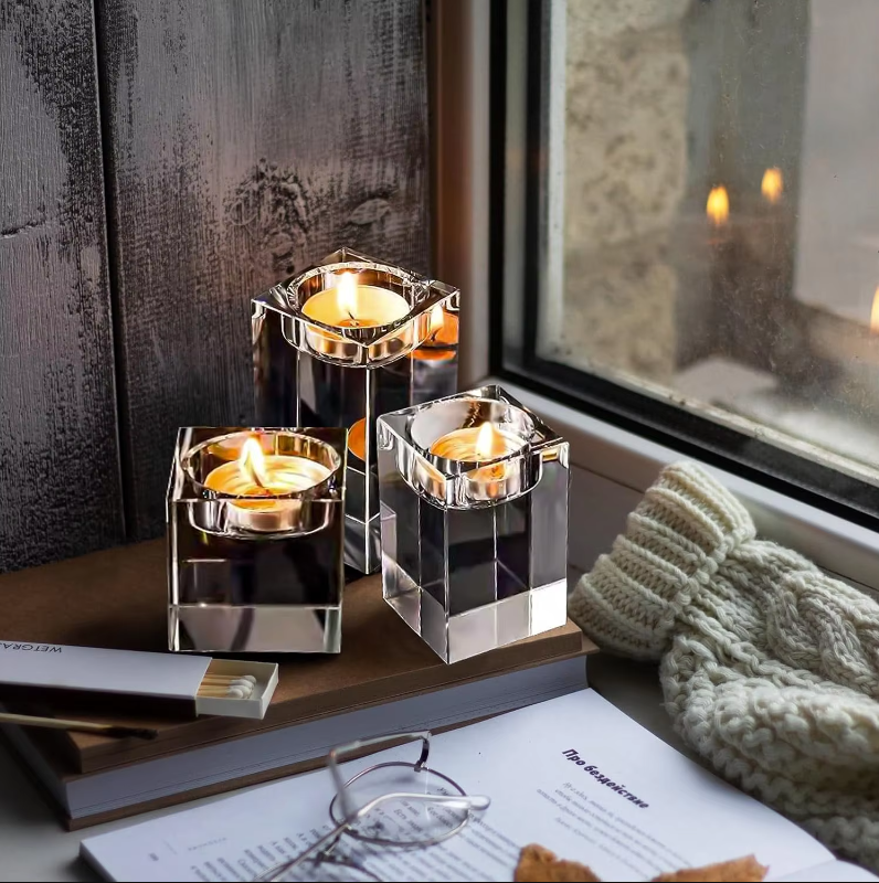 Gifts Actually - Tea-Light Candle Holder - 3 Pcs Square Glass - By a window