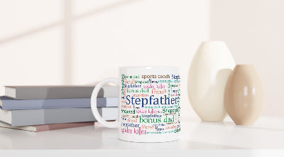 Gifts Actually - Step-Dad / Step-Father - White 11oz Ceramic Mug (Word Cloud) -  Shown on a shelf