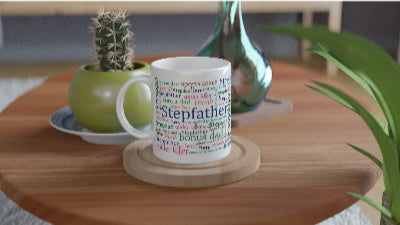 Gifts Actually - Step-Dad / Step-Father - White 11oz Ceramic Mug (Word Cloud) -  On a table