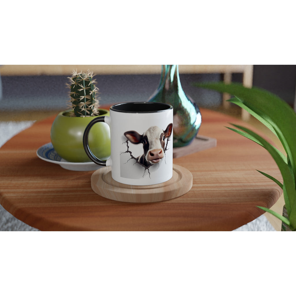 Gifts Actually -3D  Cow Design - White 11oz Ceramic Accent Coloured Mug - On table