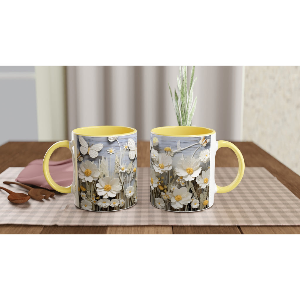 b33fba6cGifts Actually - Daisies & Butterflies White 11oz Ceramic Accent Coloured Mug - Yellow on tray