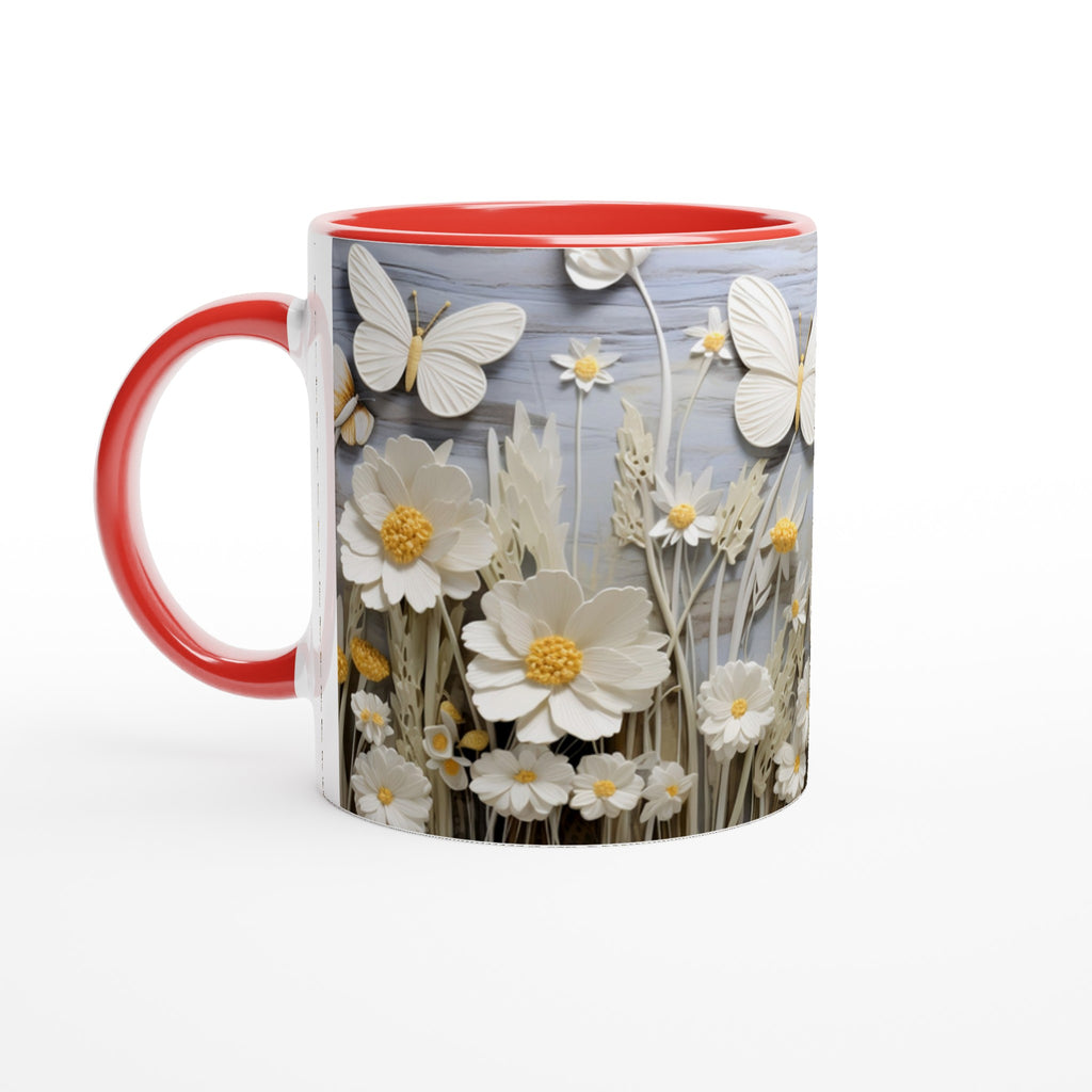 Gifts Actually - Daisies & Butterflies White 11oz Ceramic Accent Coloured Mug - Red