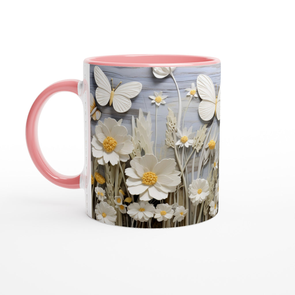 Gifts Actually - Daisies & Butterflies White 11oz Ceramic Accent Coloured Mug - Pink