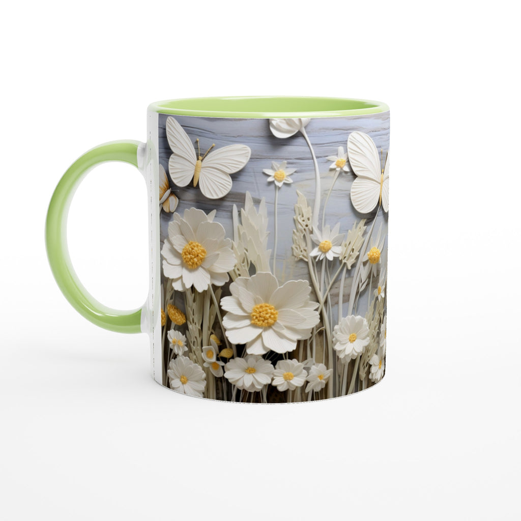 Gifts Actually - Daisies & Butterflies White 11oz Ceramic Accent Coloured Mug - Green 