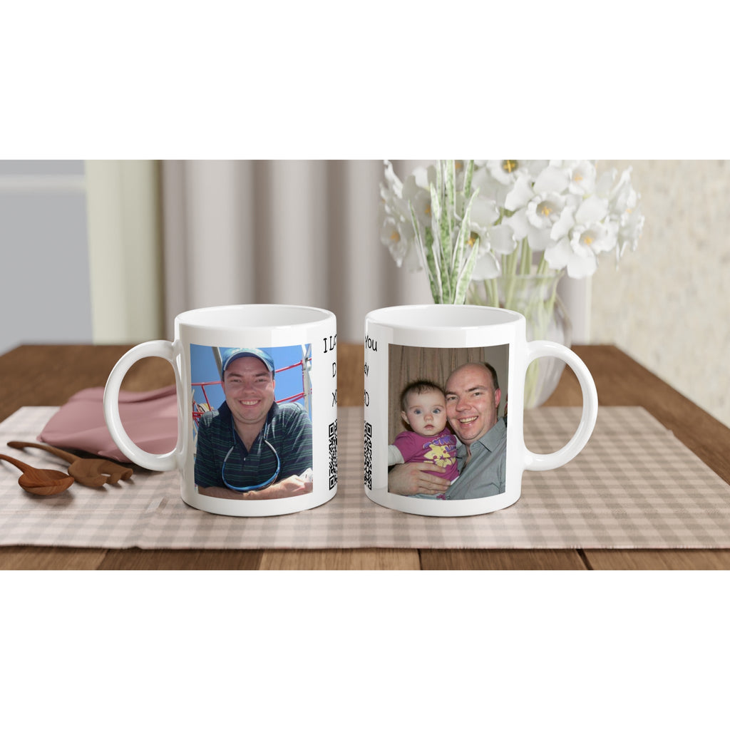 Gifts Actually - Personalised QR Message Mug - 11oz White Ceramic -  Showing both sides of the cup displayed on a tray