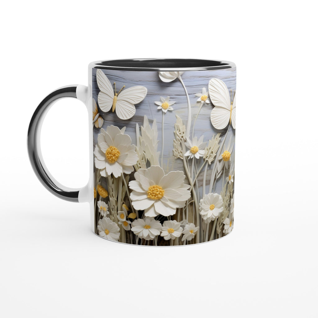 Gifts Actually - Daisies & Butterflies White 11oz Ceramic Accent Coloured Mug - Black